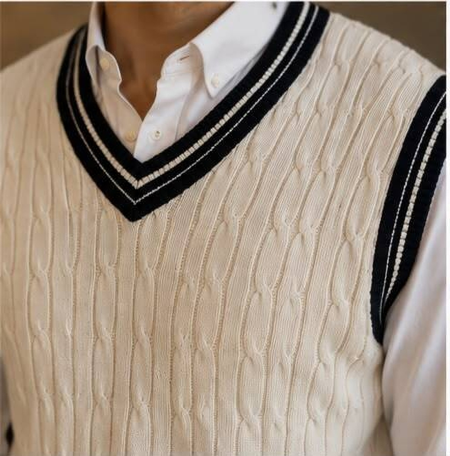 Image of KaramKar Self Design V Neck Casual Men Beige Sweater