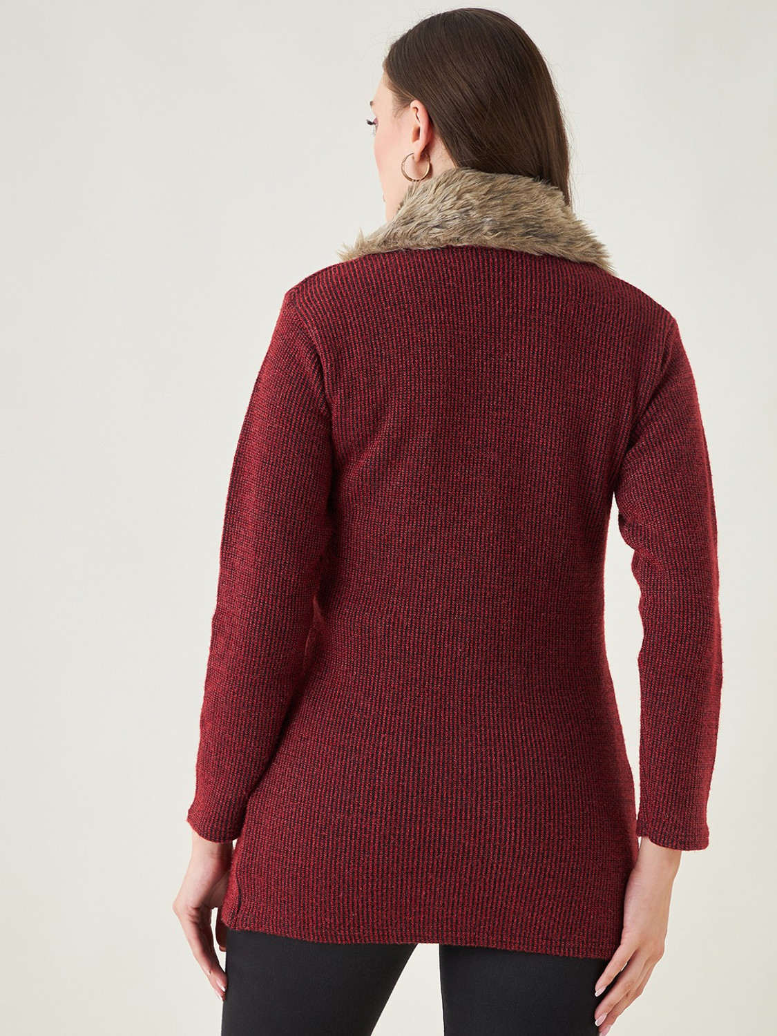 Image of Pivl Self Design Collared Neck Casual Women Maroon Sweater