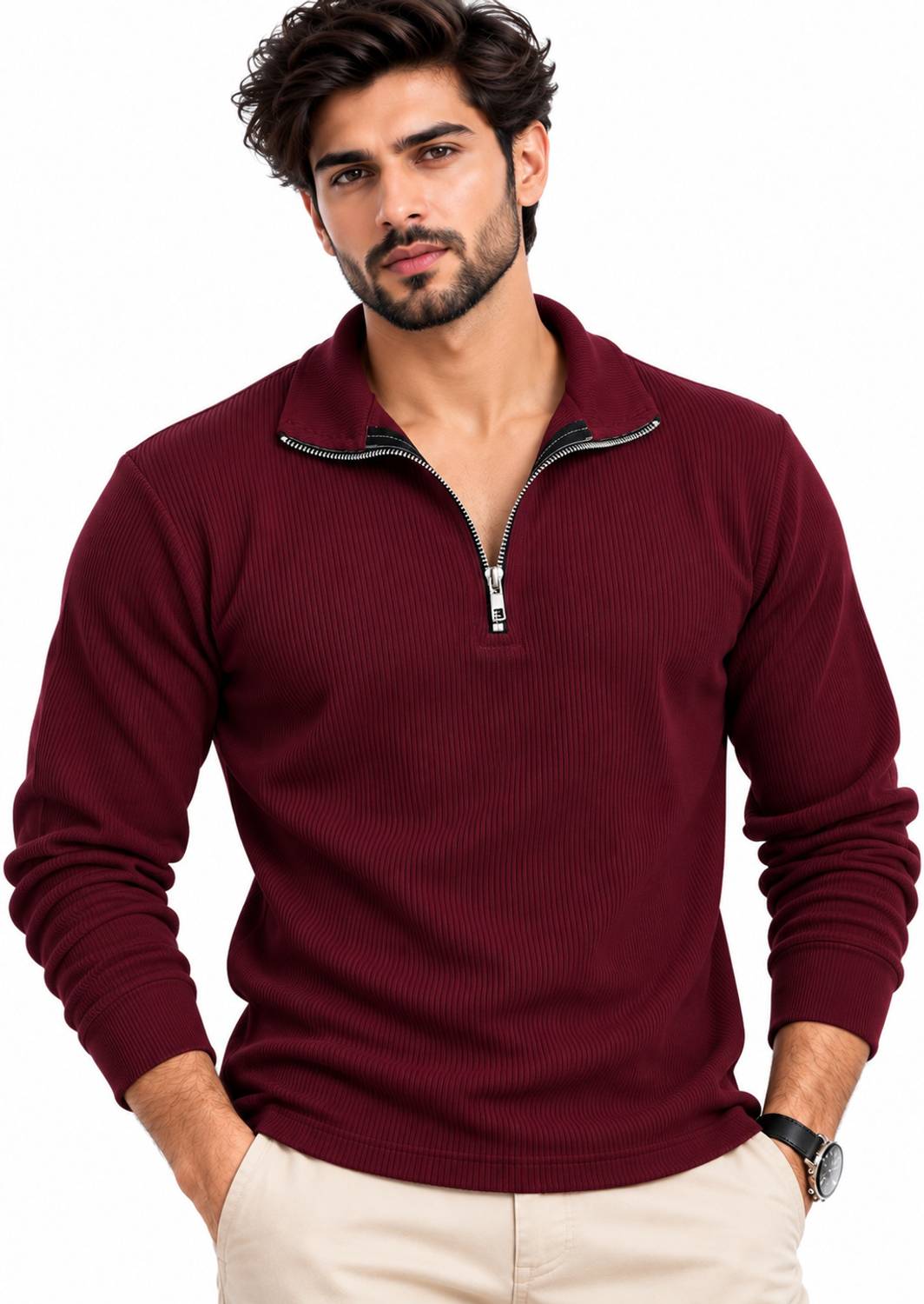 DarkMount Solid High Neck Casual Men Maroon Sweater - Image 1
