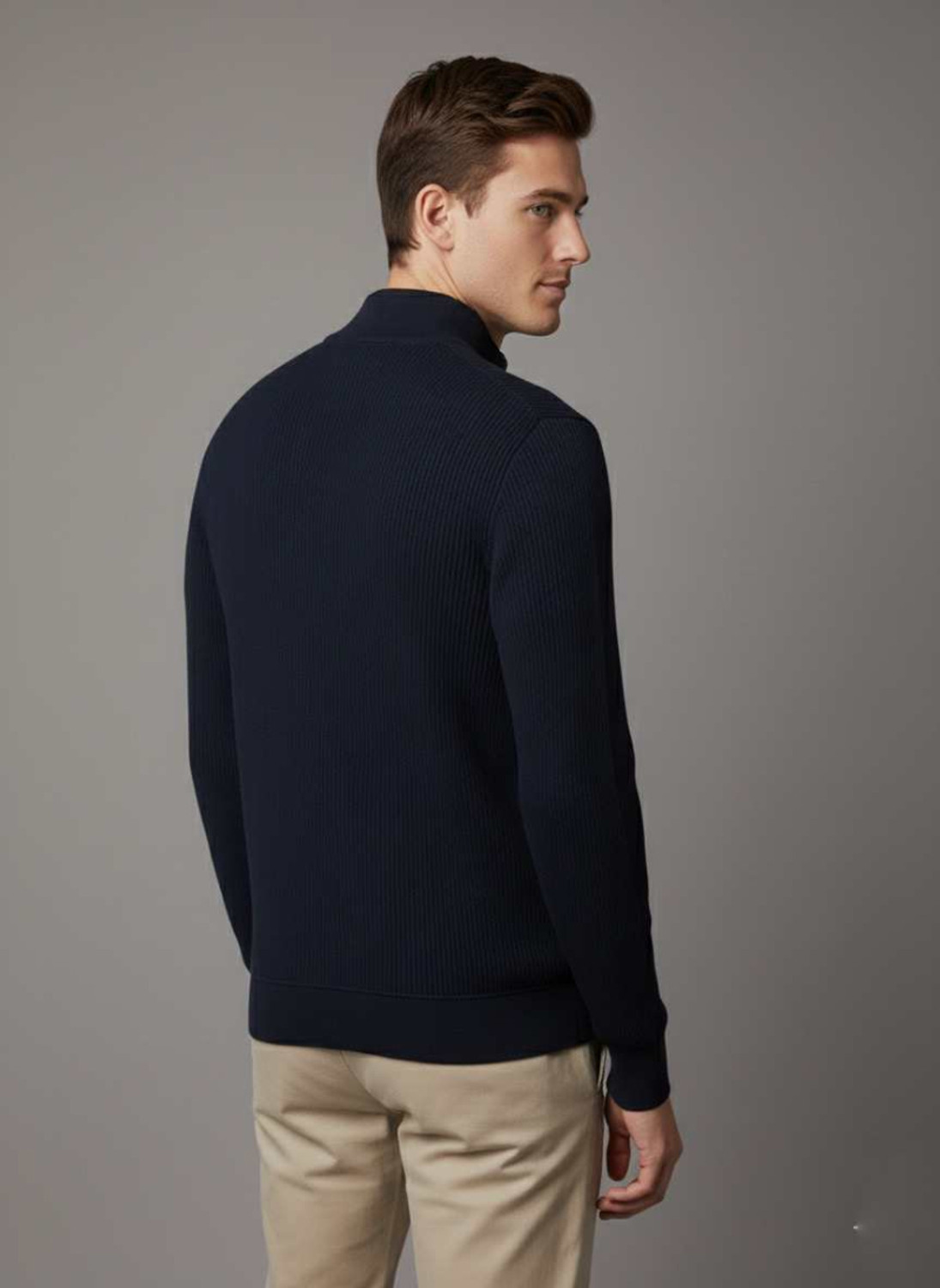 Image of Cat Bunny Solid V Neck Casual Men Dark Blue Sweater