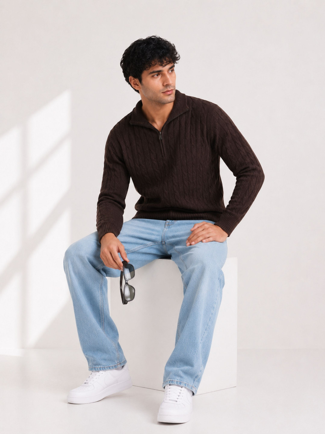 Image of Clubble Self Design Collared Neck Casual Men Brown Sweater
