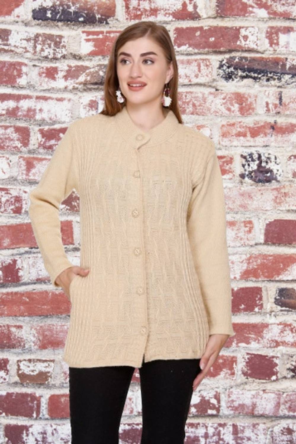 Biwu Self Design Crew Neck Casual Women Beige Sweater