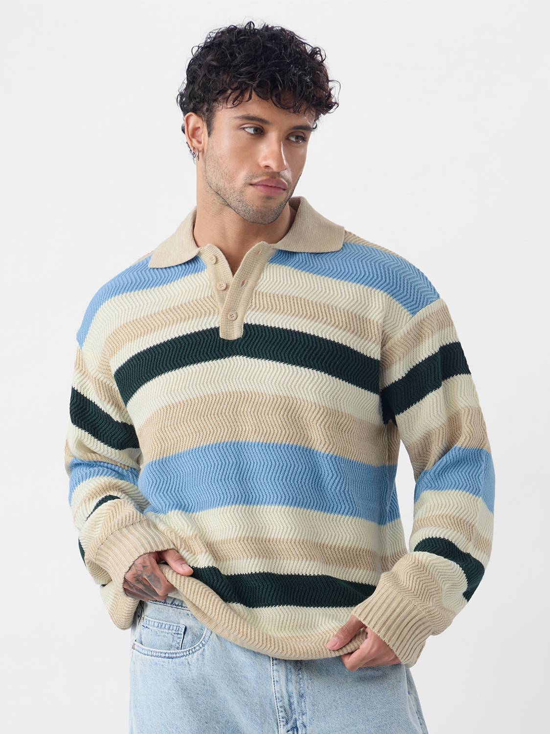 The Souled Store Beige Striped Collared Neck Sweater - Image 1