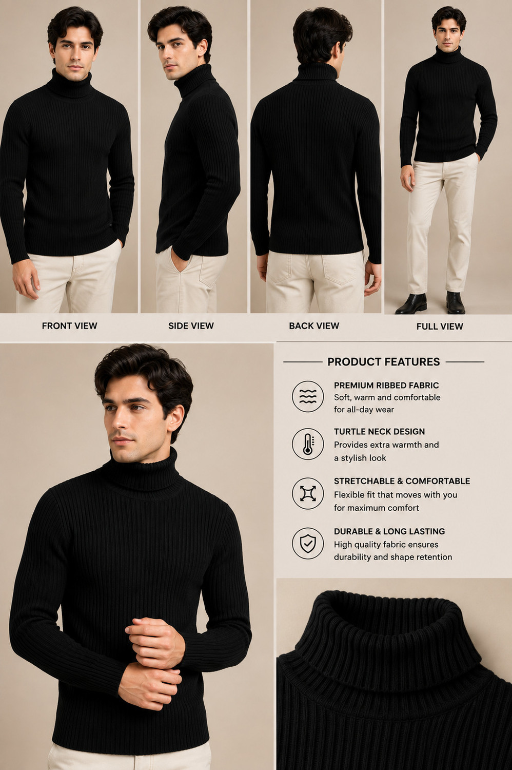 Image of Alltribe Men Solid High Neck Black Sweater