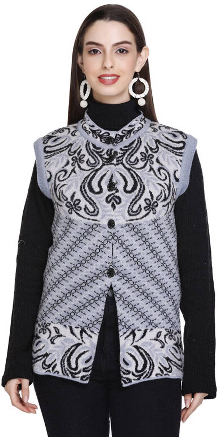 Afronaut Printed Round Neck Casual Women Grey Sweater