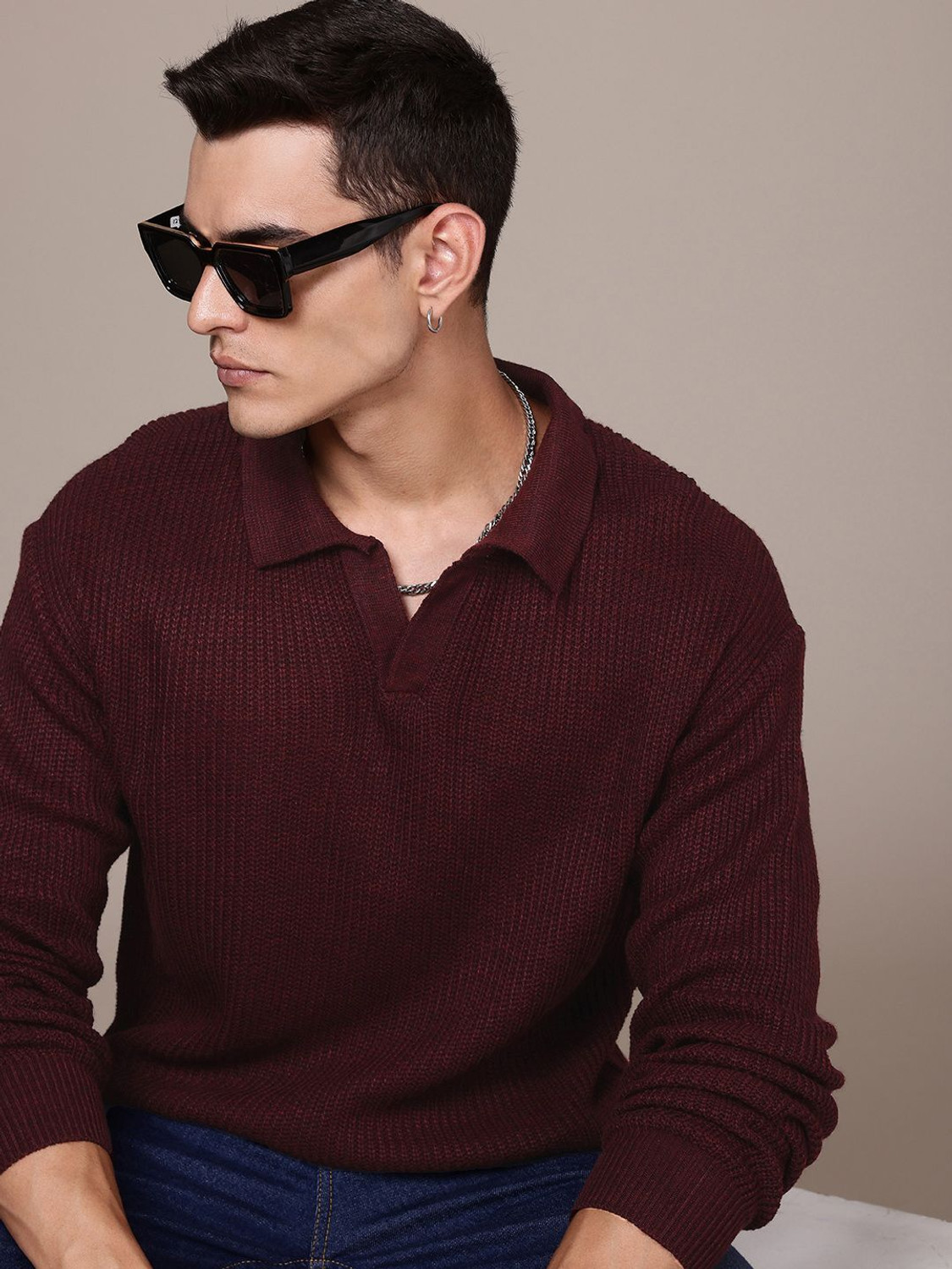 Image of Roadster Solid Collared Neck Casual Men Maroon Sweater
