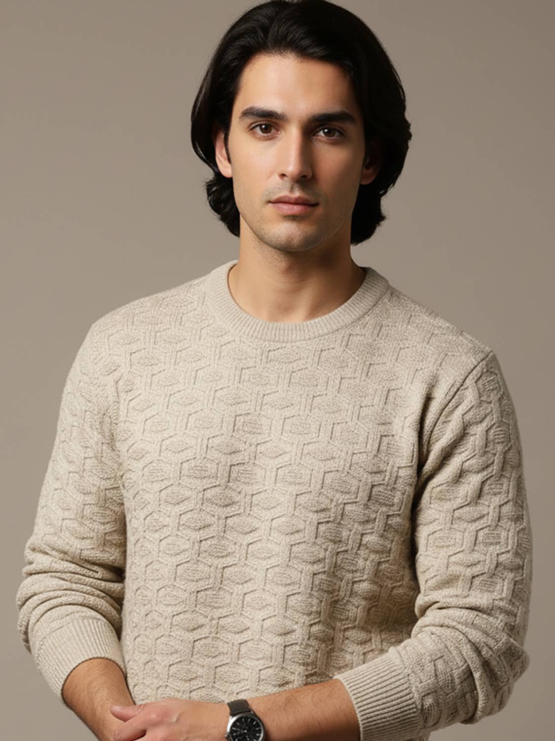 AIN6 Self Design Round Neck Casual Men Beige Sweater