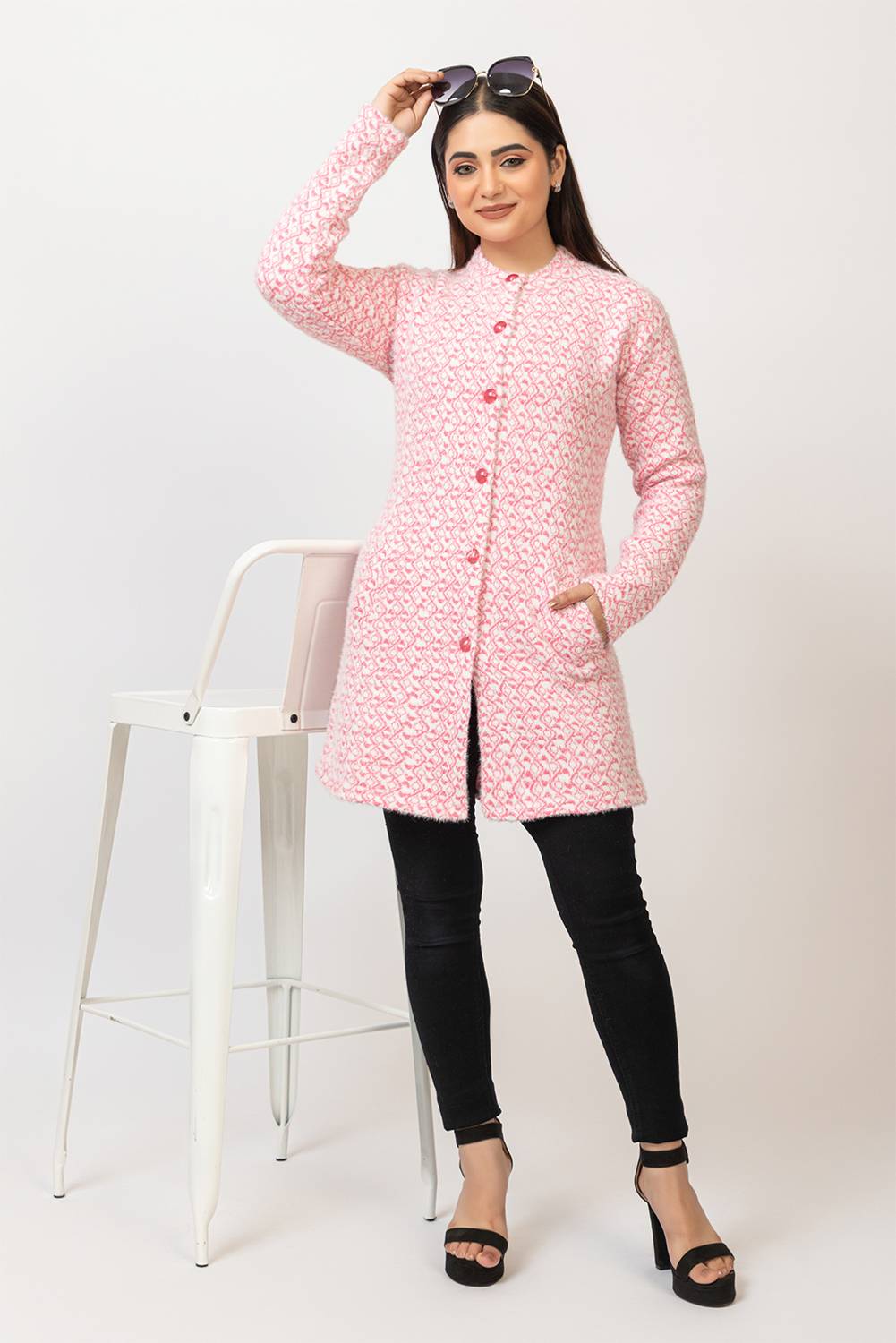Aphrodite Polka Print Mandarin Neck Casual Women Pink Sweater