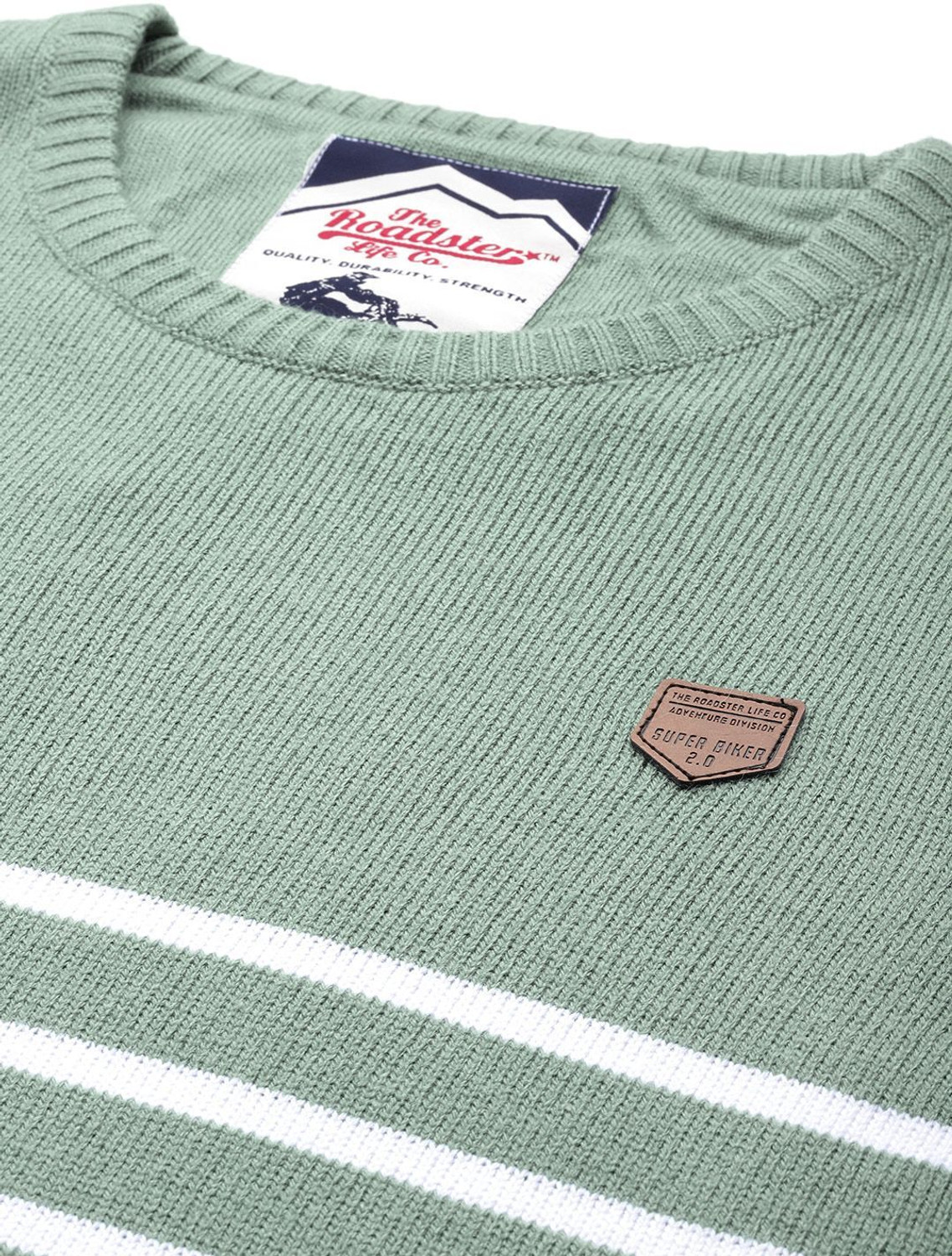 Image of Roadster Men Striped Round Neck Green Sweater