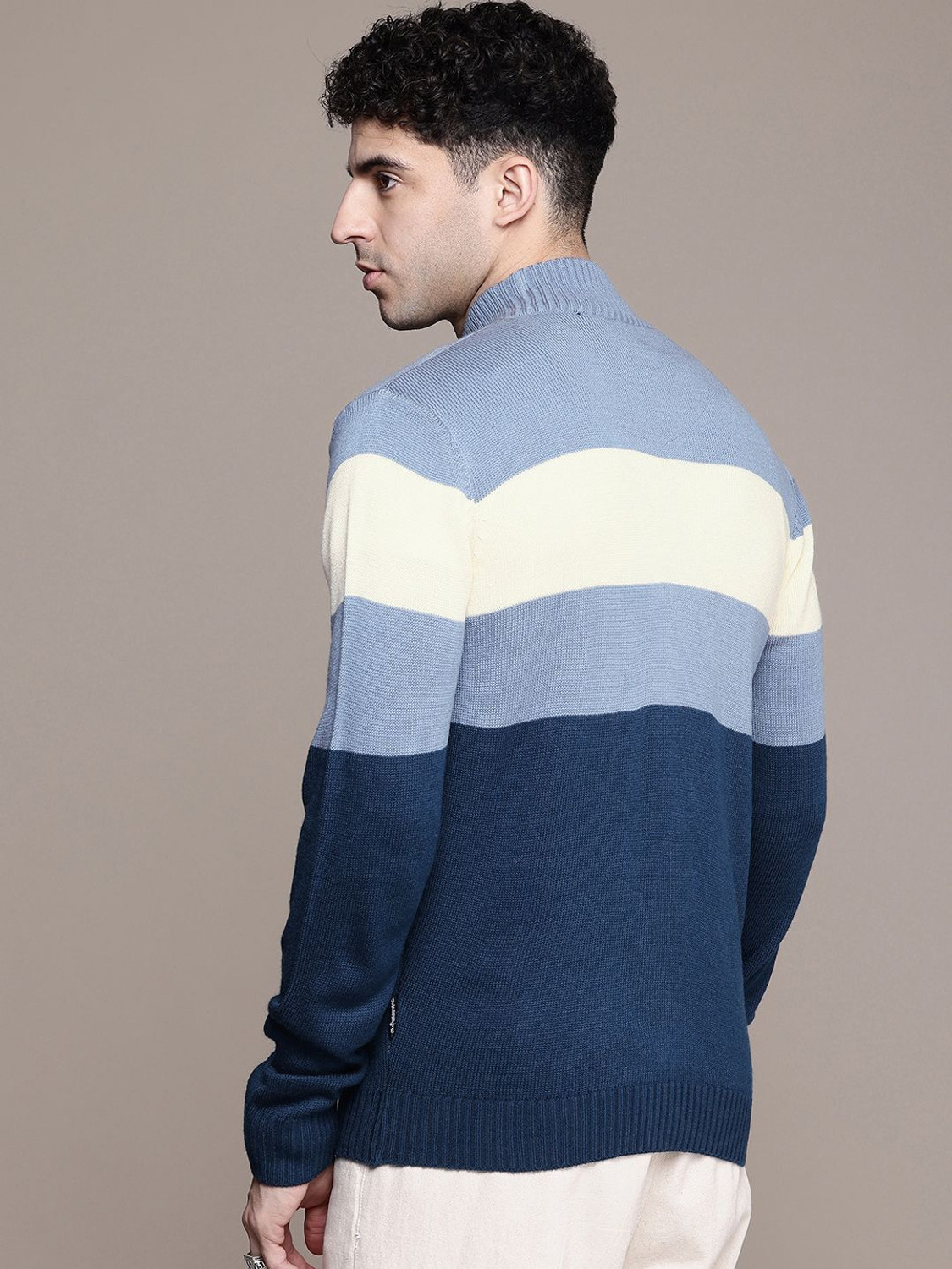Image of Roadster Colorblock High Neck Casual Men Blue Sweater