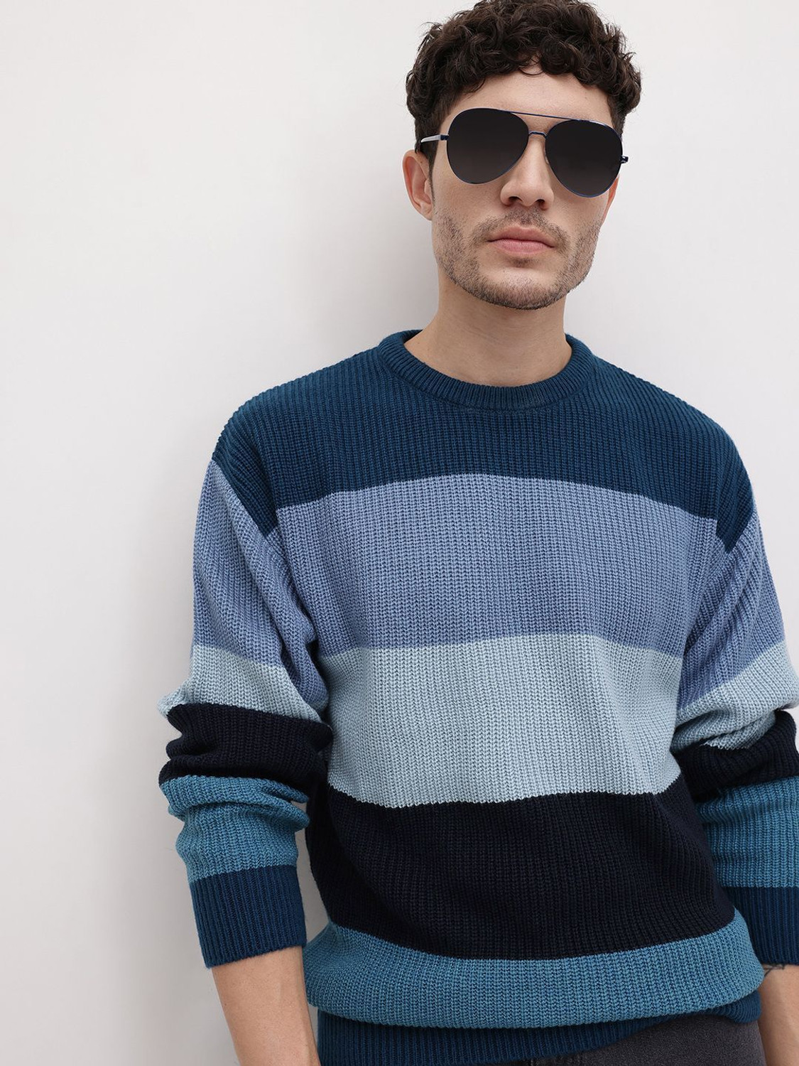 Image of Roadster Colorblock Round Neck Casual Men Blue Sweater