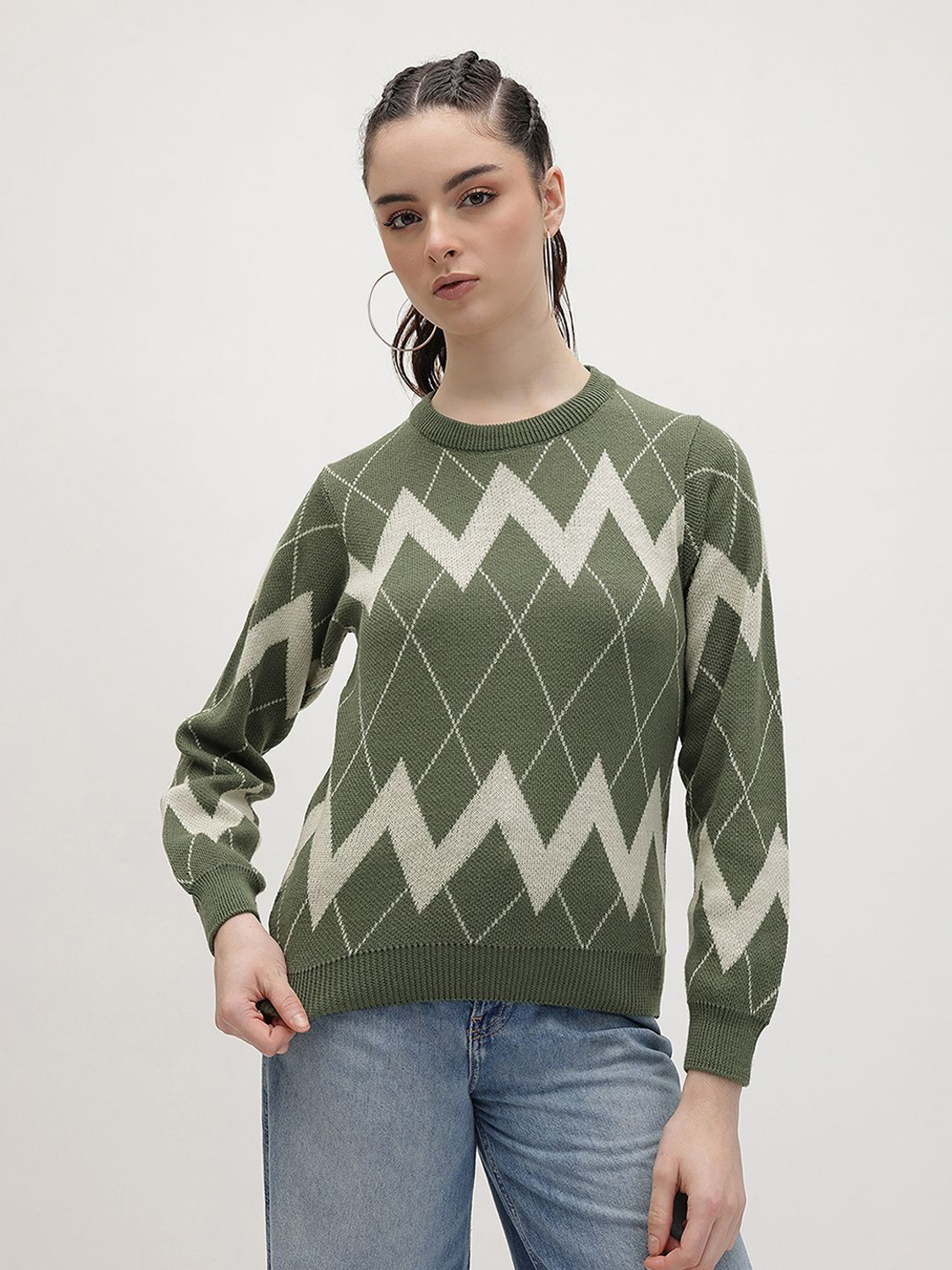 Image of Roadster Self Design Round Neck Casual Women Green Sweater
