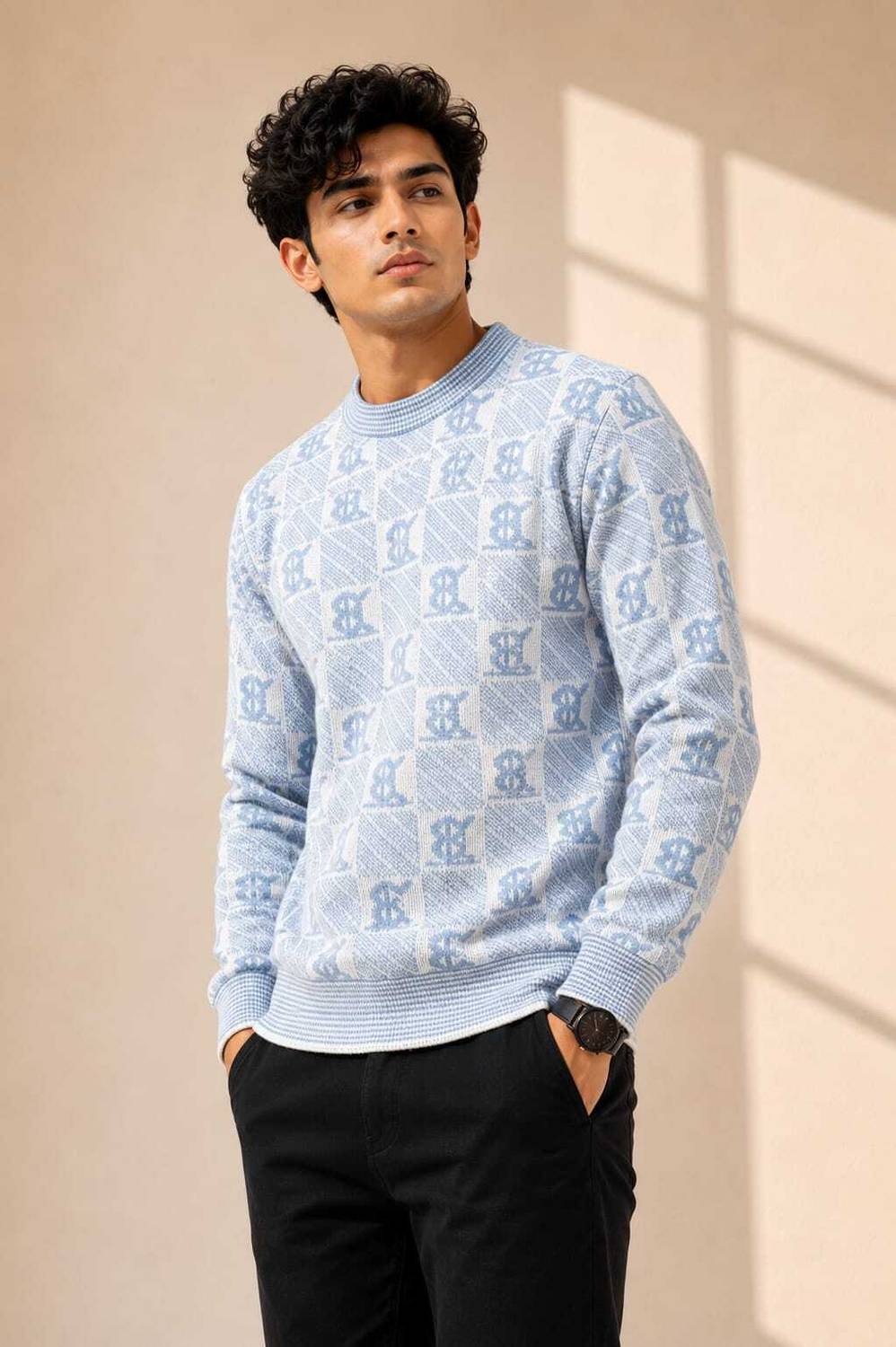 VEERA Men Light Blue, White Crew Neck Sweater - Image 1