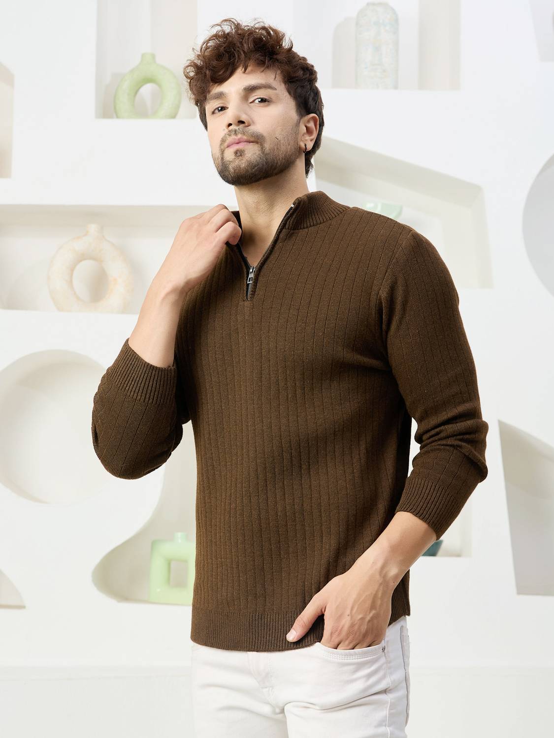 KVETOO Men Brown High Neck Casual Sweater - Image 4