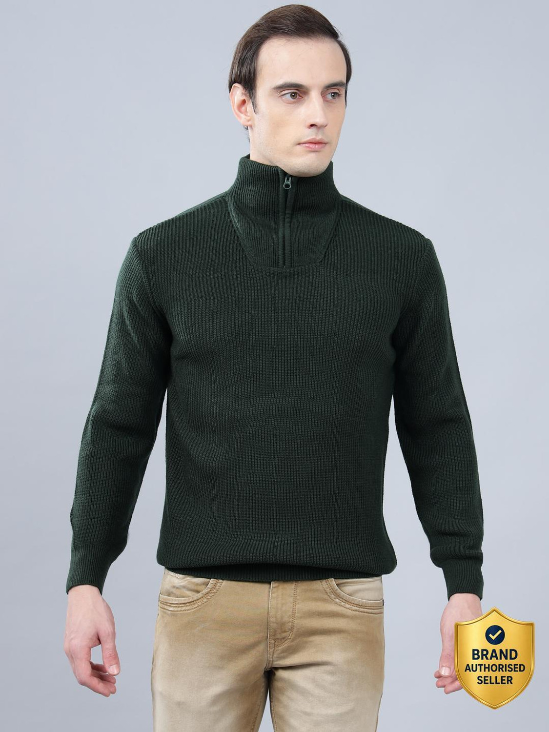 Image of CANTABIL Men Solid Mandarin Neck Dark Green Sweater