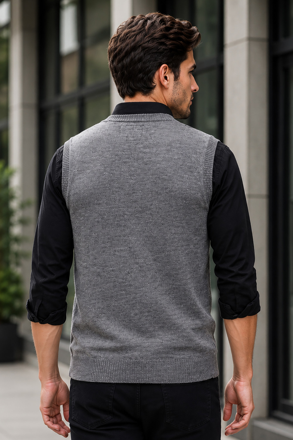 Image of GODFREY Men Checkered V Neck Grey Sweater
