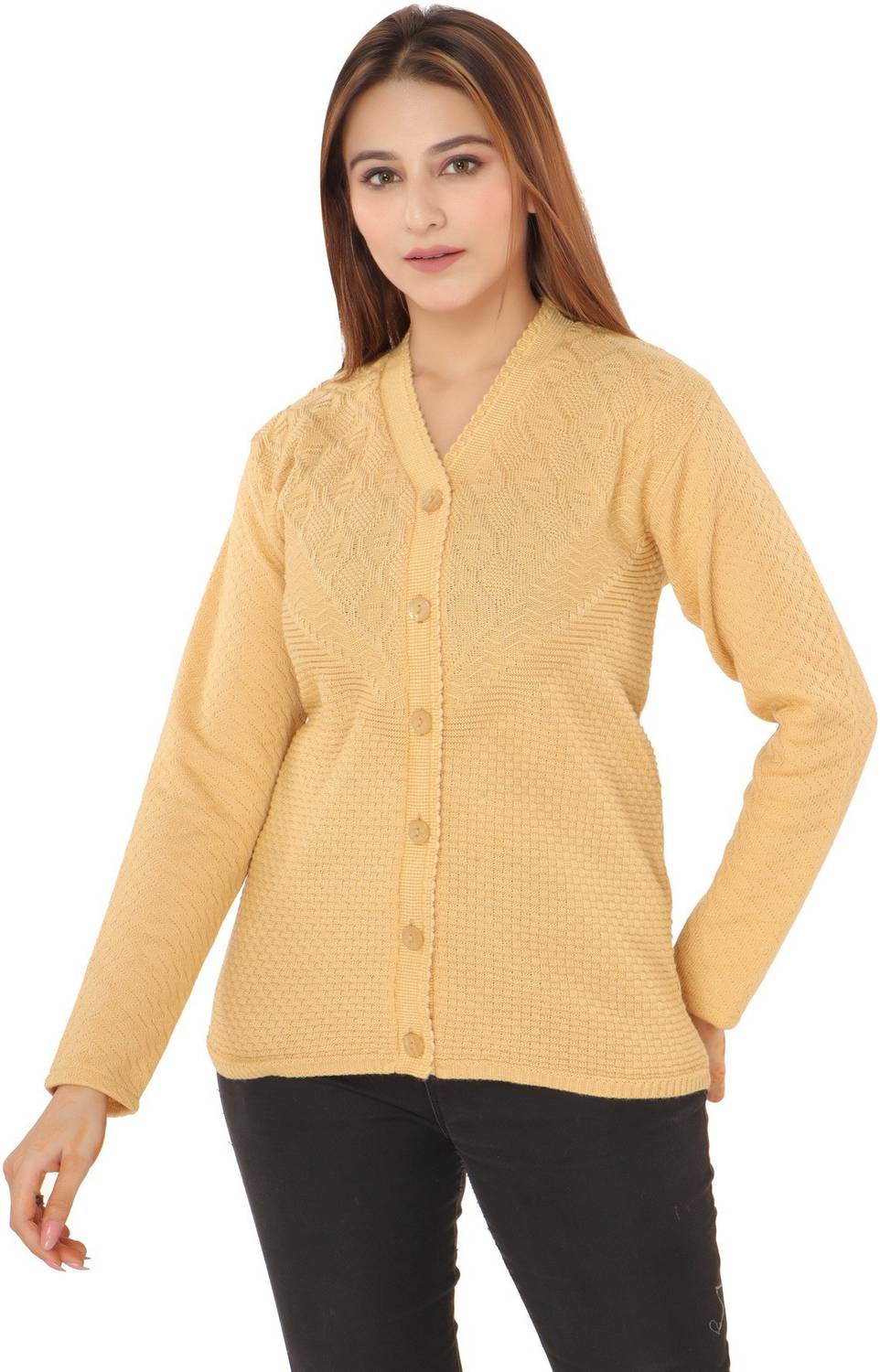 aarbee Woven V Neck Casual Women Yellow Sweater