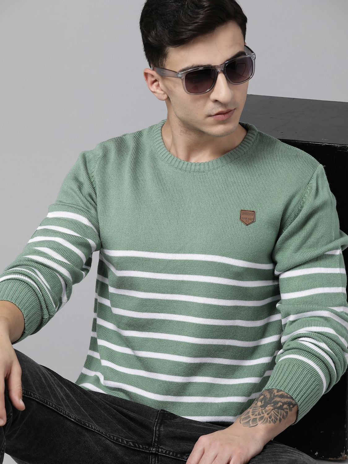 Image of Roadster Men Striped Round Neck Green Sweater