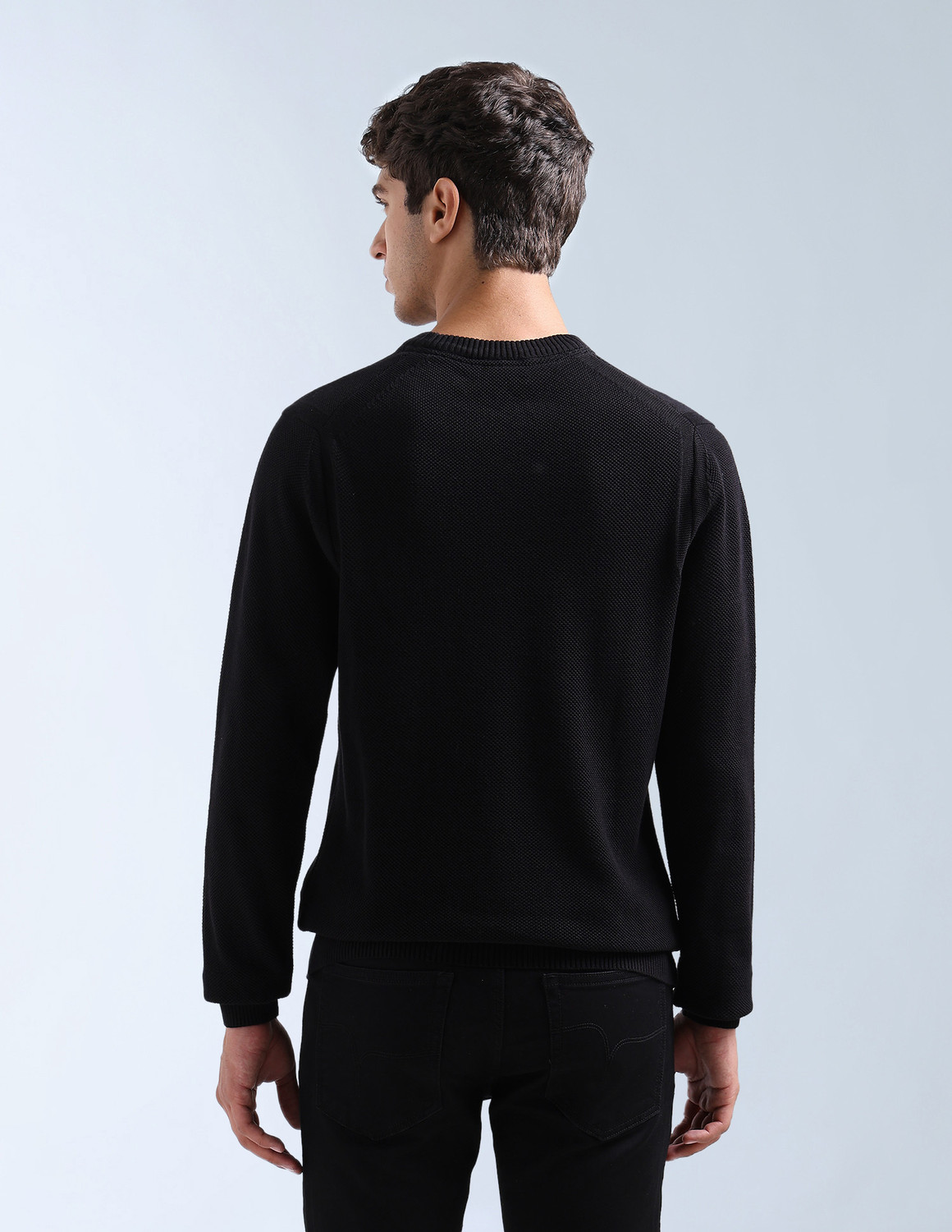 Image of FLYING MACHINE Men Self Design Crew Neck Black Sweater