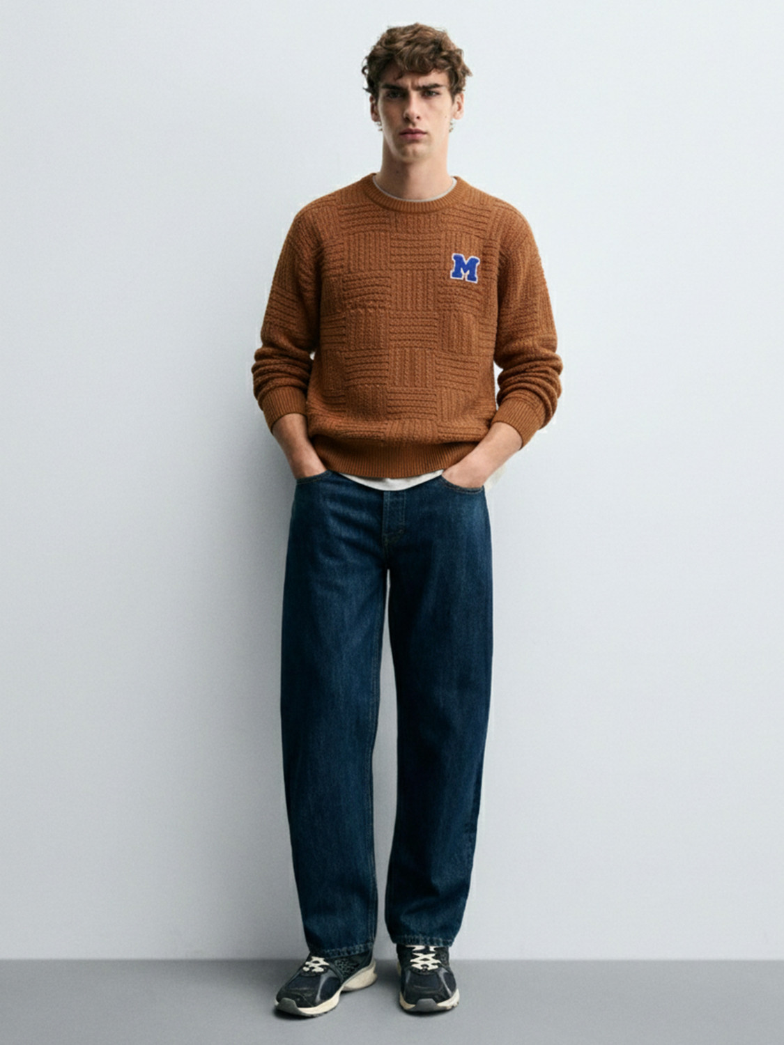 Image of HIGHLANDER Self Design Round Neck Casual Men Beige Sweater