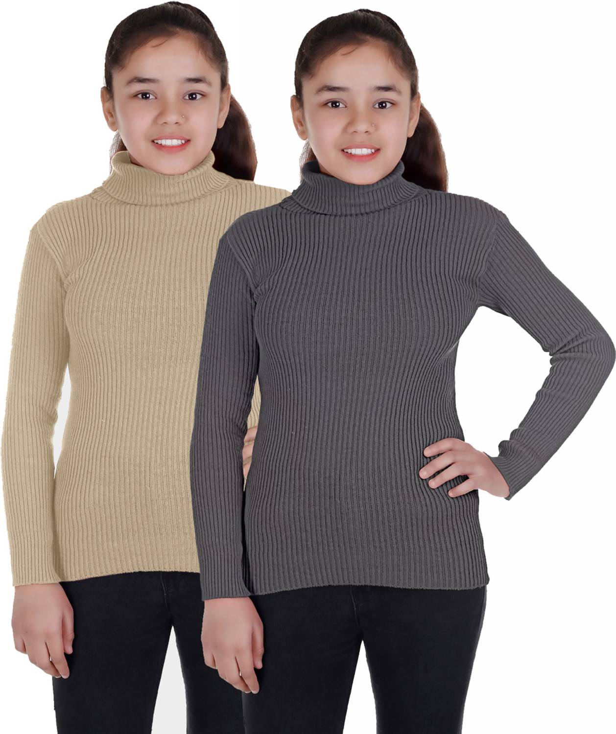 100LUCK Self Design High Neck Casual Boys & Girls Grey, Beige Sweater
