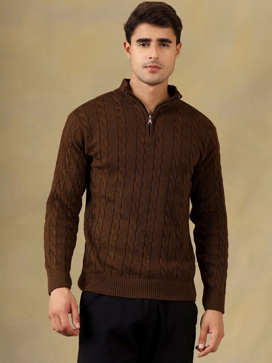 Image of Roadster Self Design High Neck Casual Men Brown Sweater