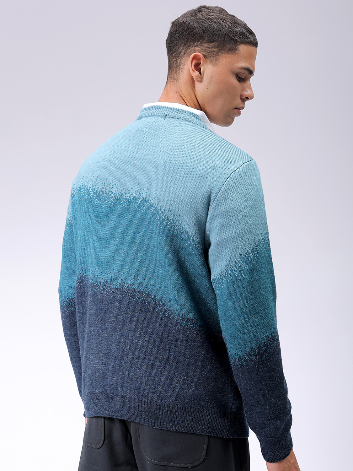 Image of The Indian Garage Co. Self Design Crew Neck Casual Men Blue Sweater