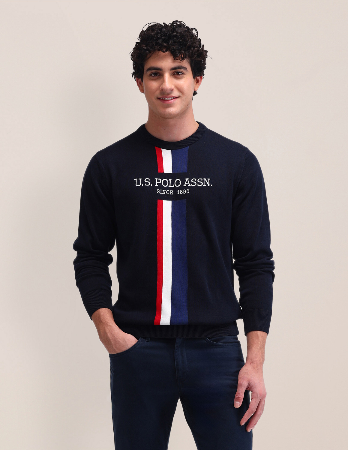 Image of U.S. POLO ASSN. Men Graphic Print Crew Neck Blue Sweater