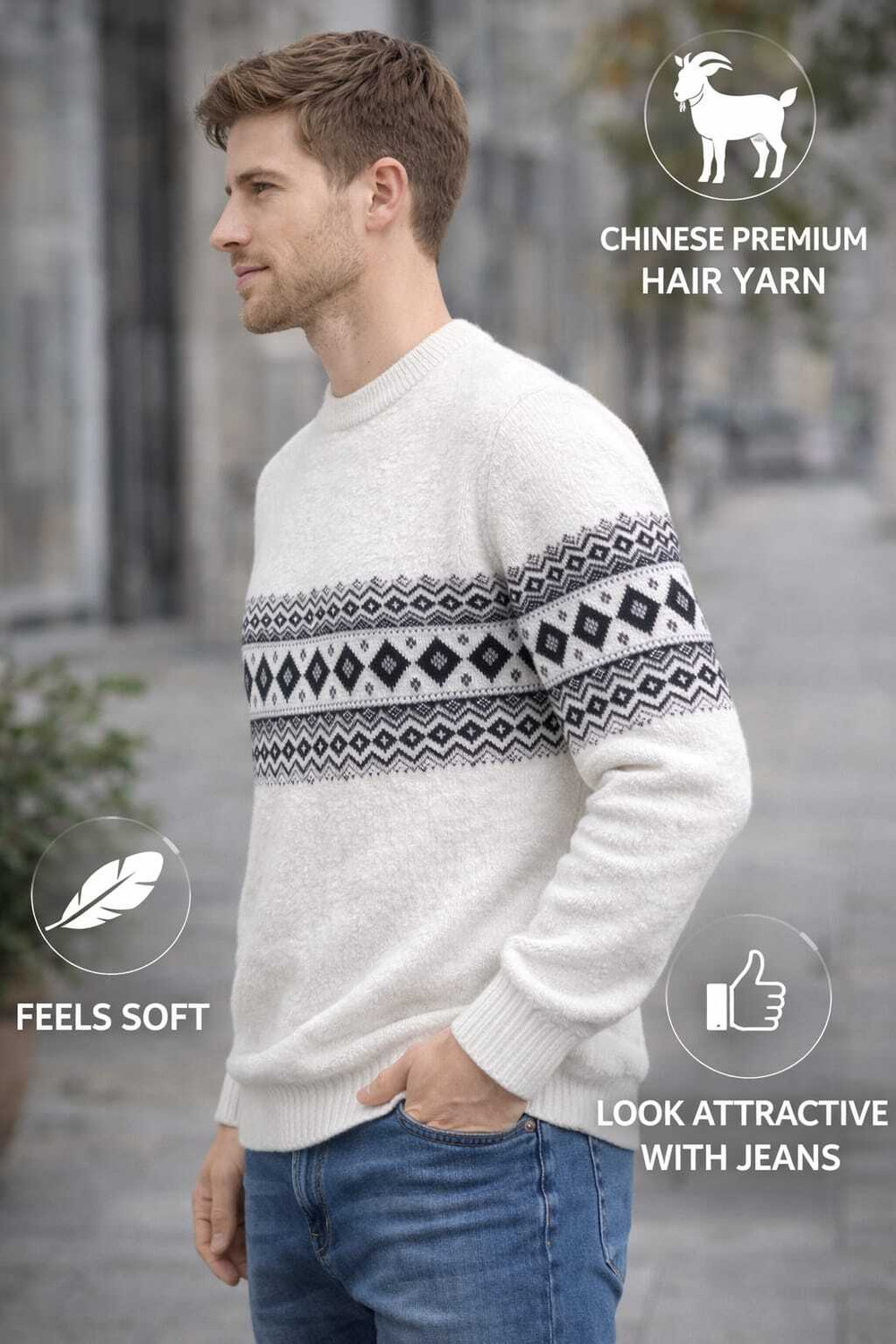 Image of COTFYNE Printed Round Neck Casual Men White Sweater
