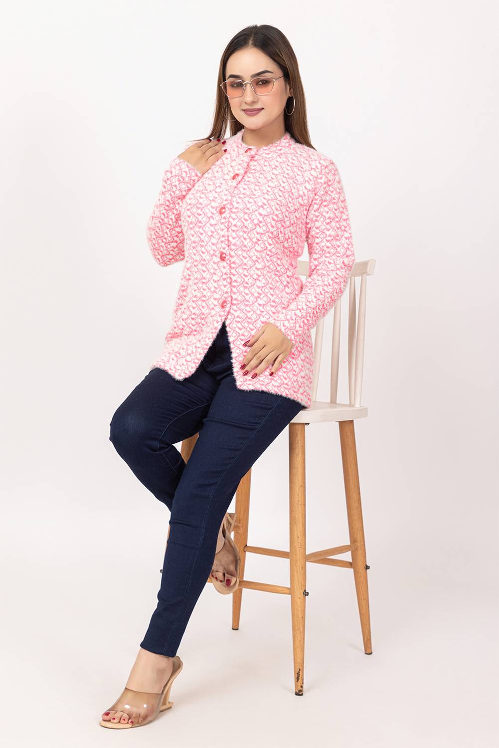 Aphrodite Polka Print Mandarin Neck Casual Women Pink Sweater