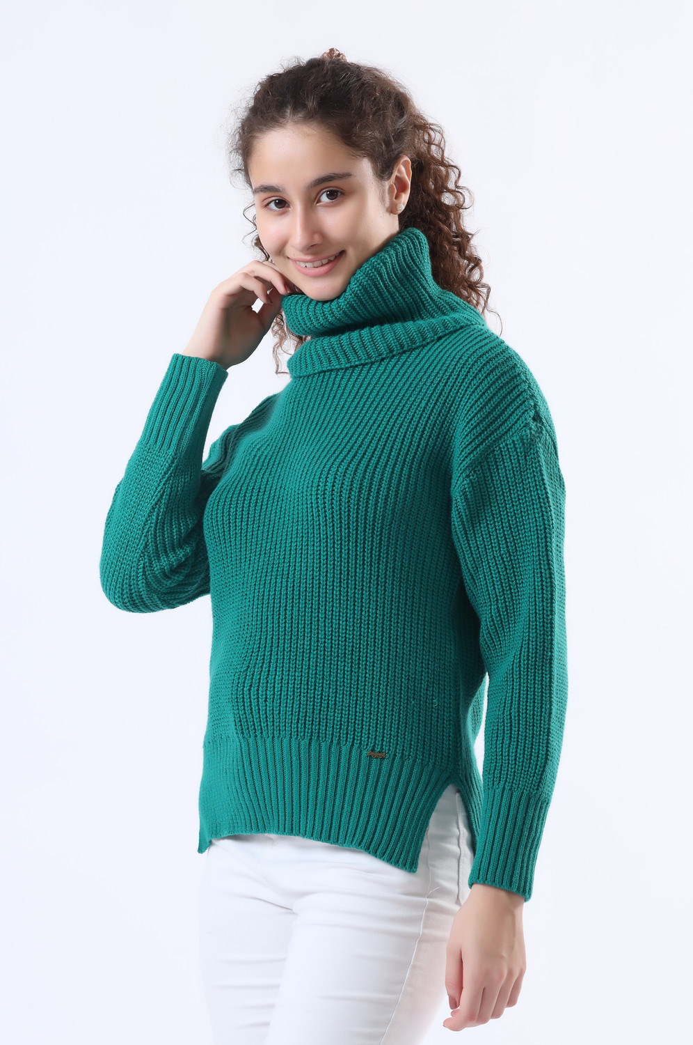 Image of WOOLBERRY Women Self Design High Neck Green Sweater