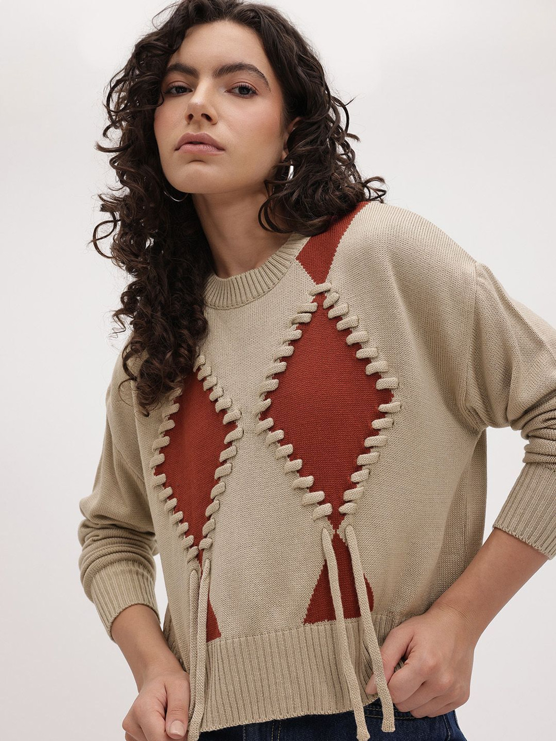 Image of Roadster Self Design Round Neck Casual Women Beige Sweater