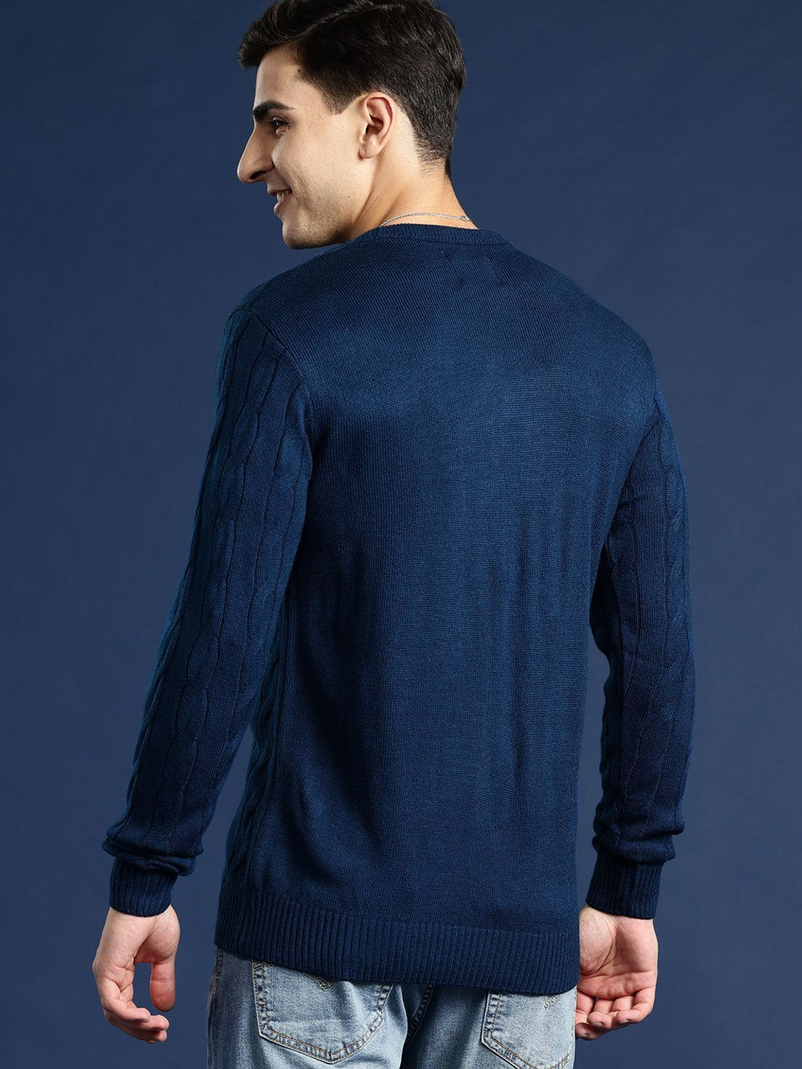 Image of Mast & Harbour Self Design Round Neck Casual Men Dark Blue Sweater