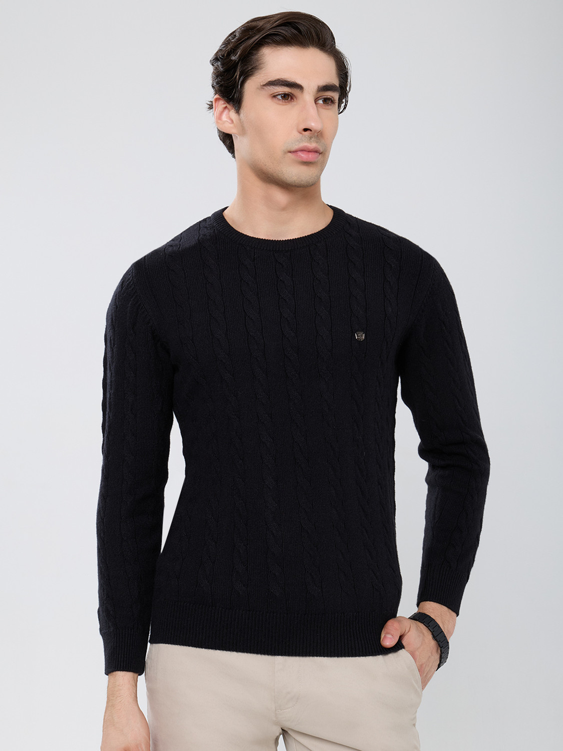 Image of MONTE CARLO Men Solid Round Neck Black Sweater