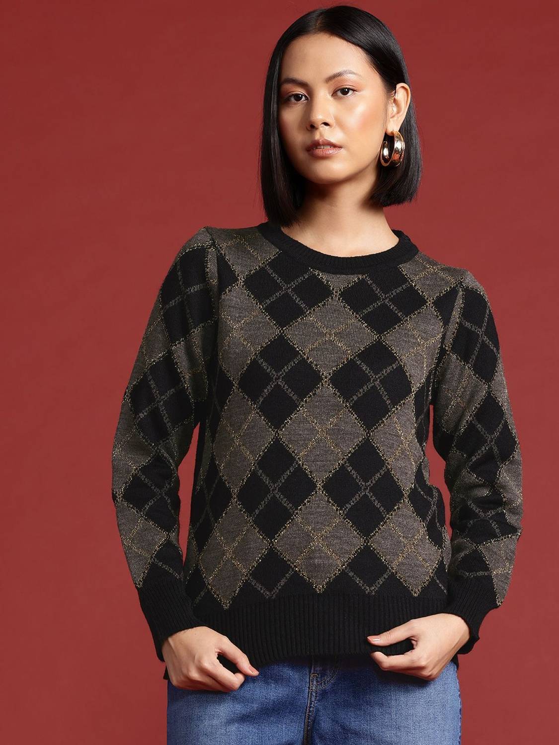 all about you Argyle Round Neck Casual Women Multicolor Sweater