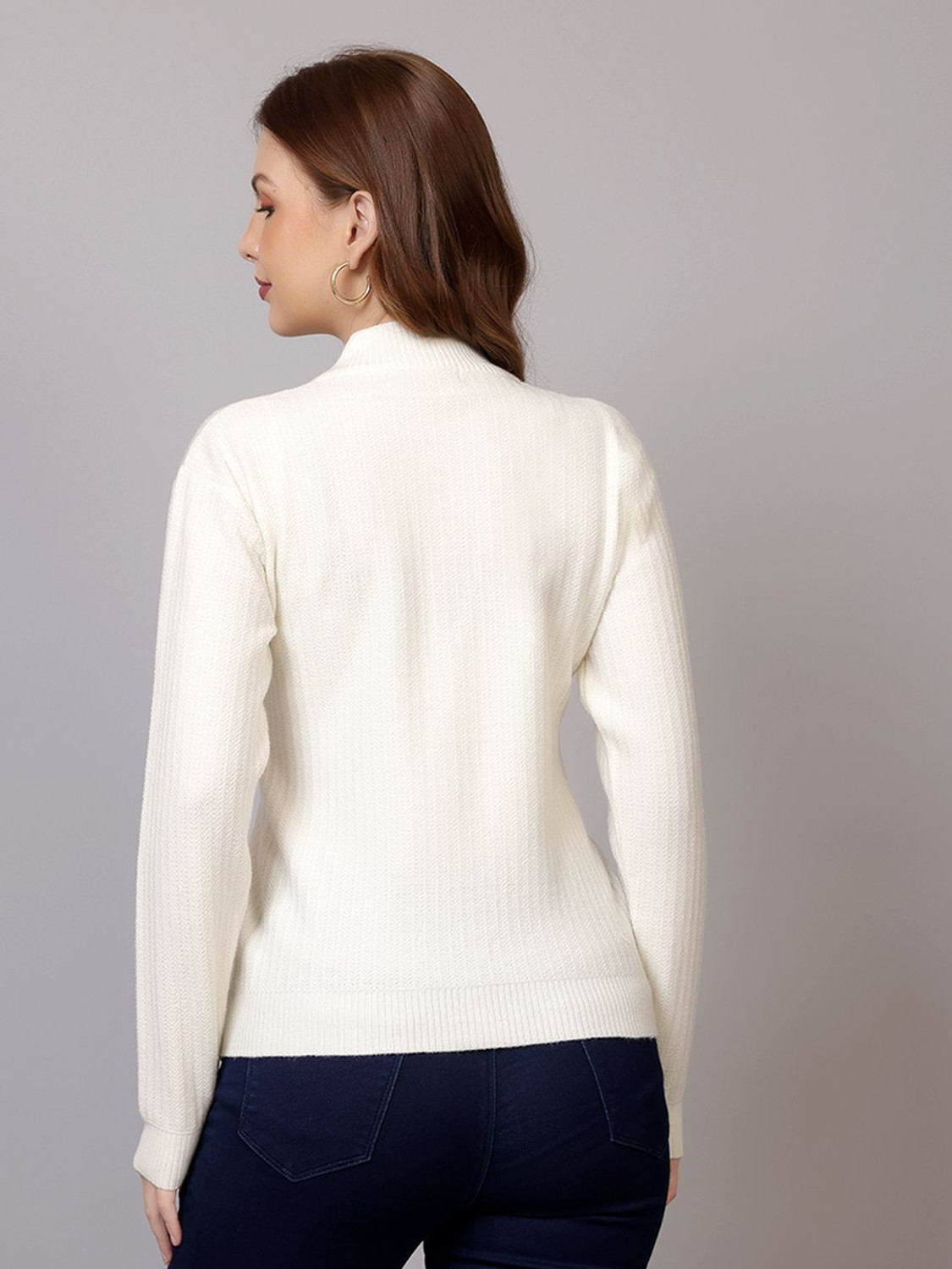 Image of FEVERFEW Self Design High Neck Casual Women White Sweater