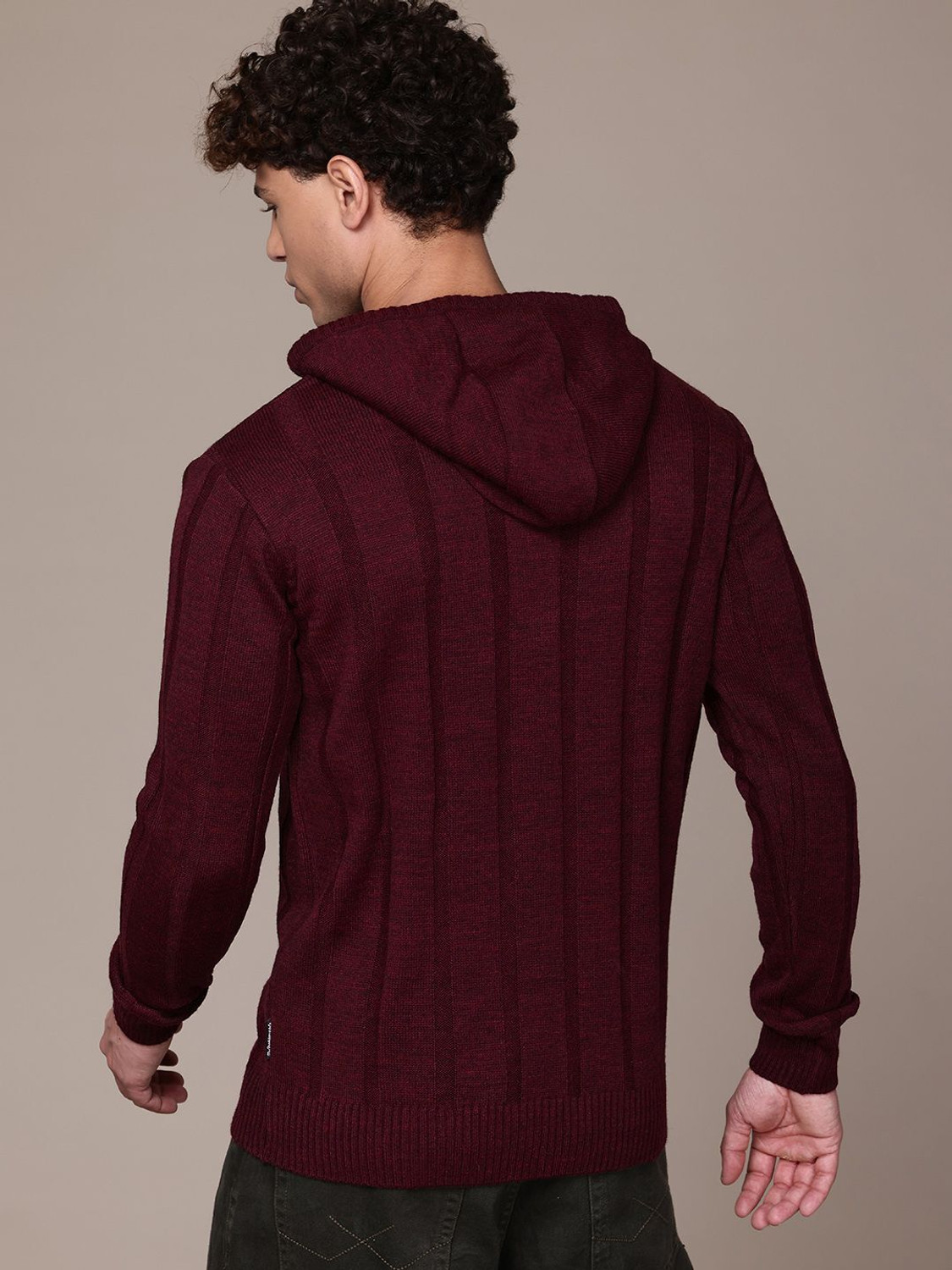 Image of Roadster Printed Hooded Neck Casual Men Maroon Sweater