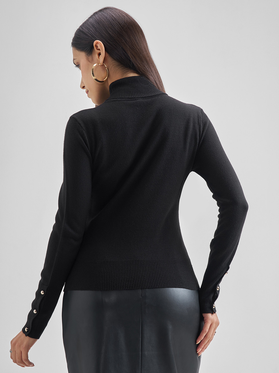 Image of Tokyo Talkies Solid High Neck Casual Women Black Sweater