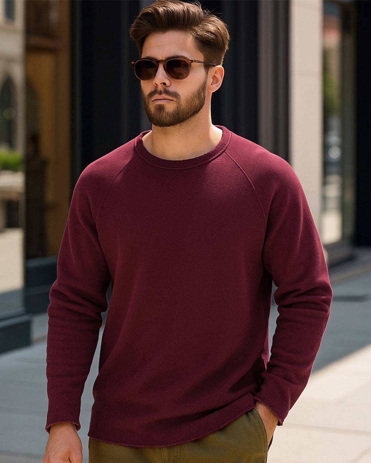 BEWAKOOF Solid Round Neck Casual Men Maroon Sweater