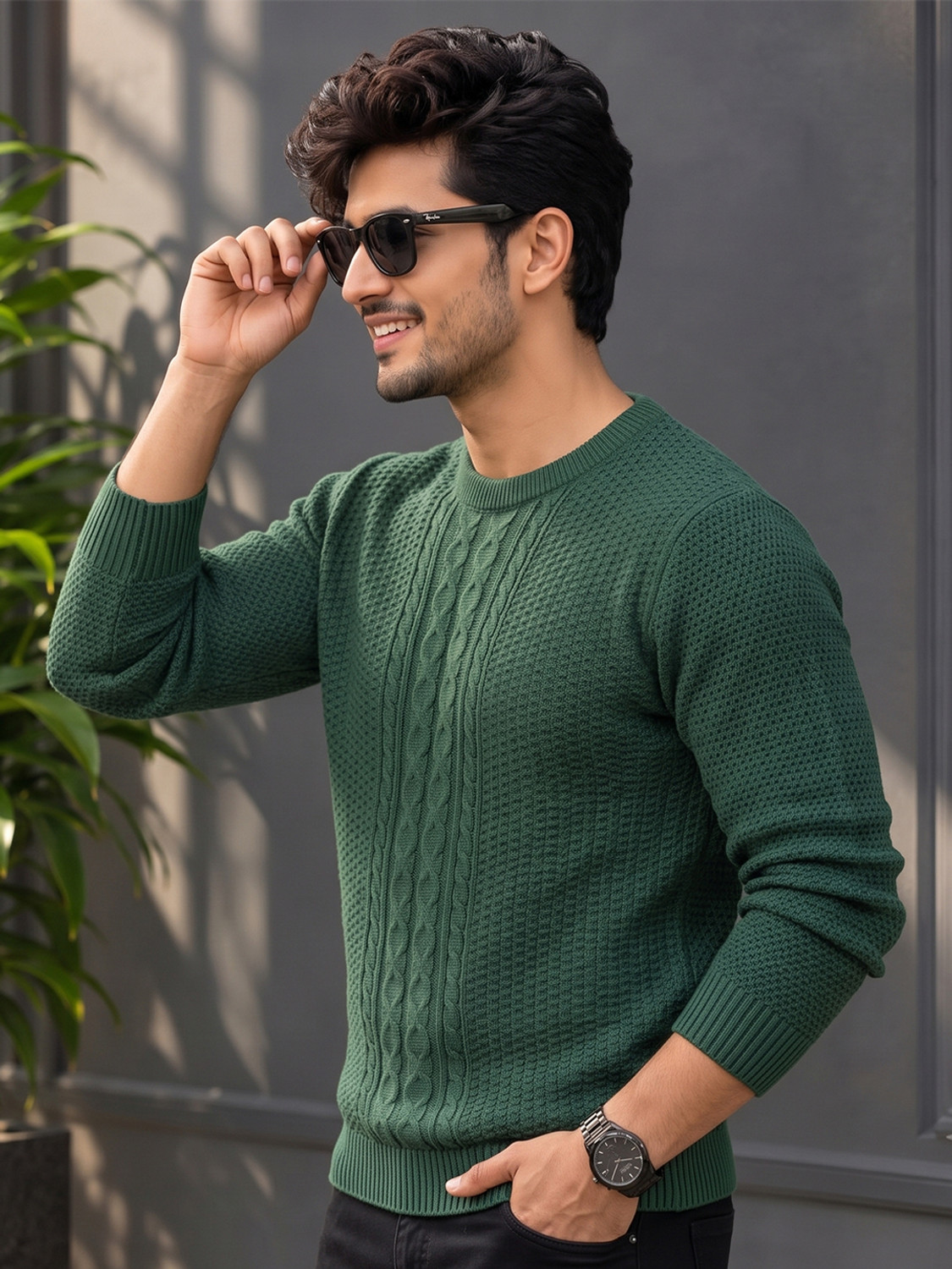 Image of AIN6 Men Self Design Round Neck Green Sweater