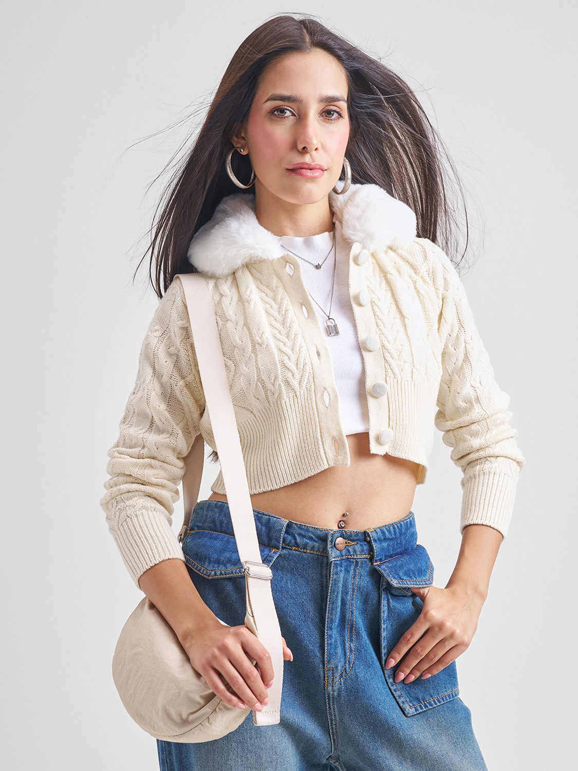 Image of Tokyo Talkies Solid Collared Neck Casual Women White Sweater