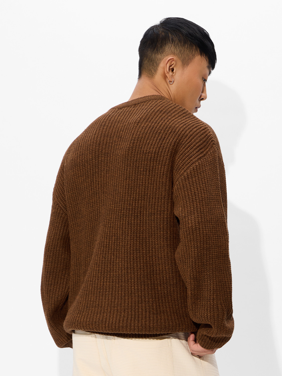 Image of The Souled Store Self Design Round Neck Casual Men Brown Sweater