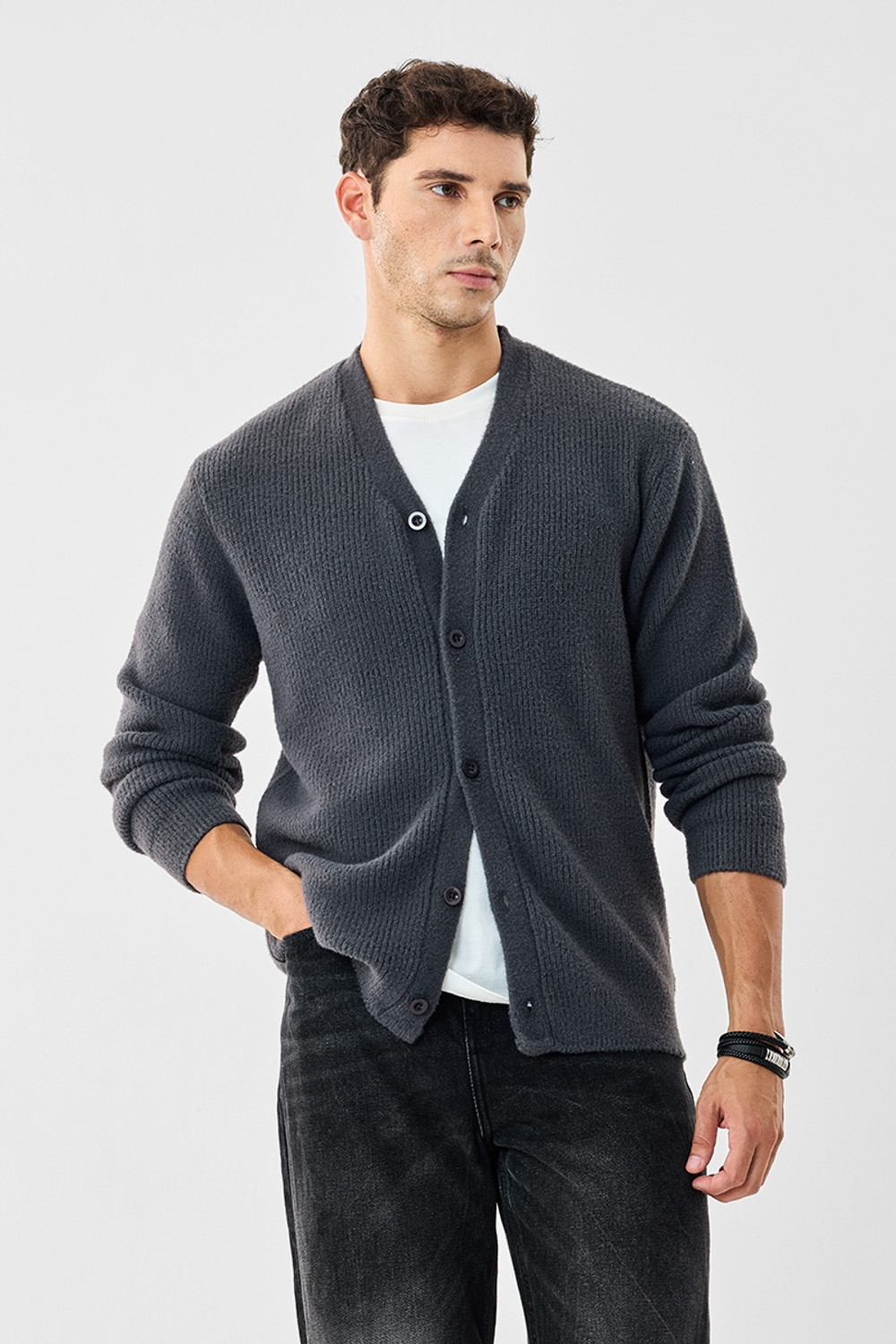 Image of Snitch Men Self Design V Neck Grey Sweater