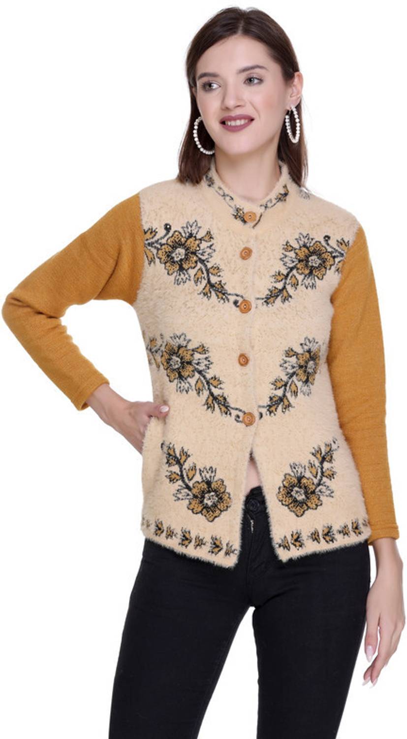 ENOV Printed Round Neck Casual Women Yellow Sweater