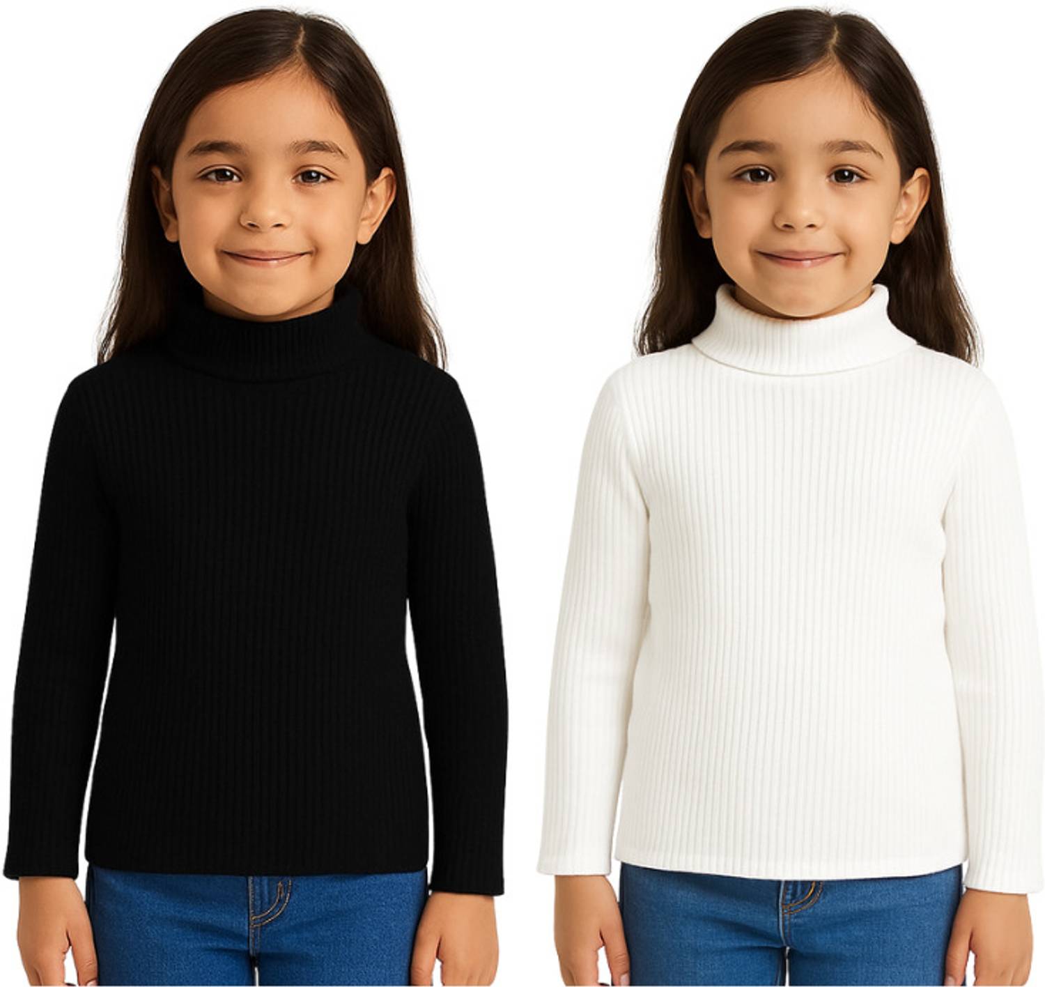 Chiclift Self Design High Neck Casual Baby Girls Black, White Sweater