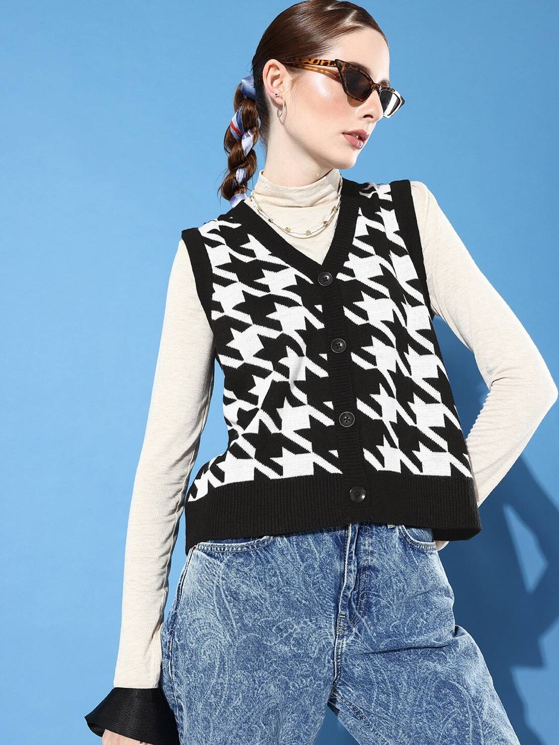 4WRD by Dressberry Houndstooth Crew Neck Party Women Multicolor Sweater