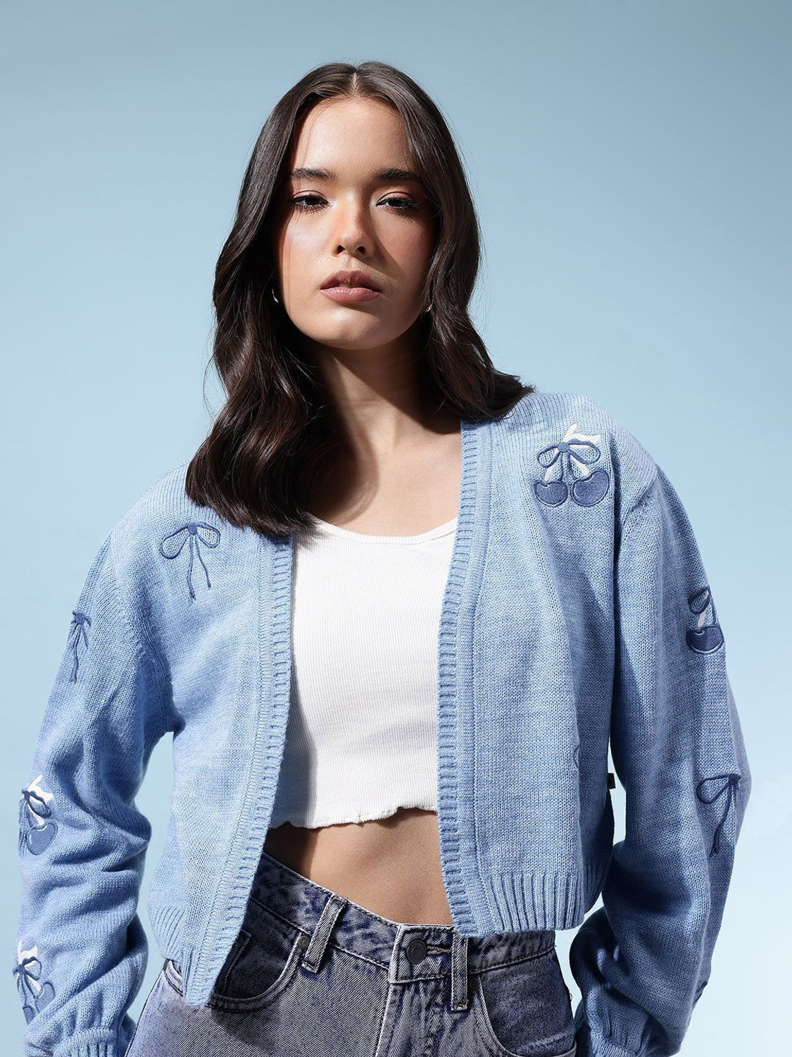 Image of Glitchez Embroidered Casual Women Blue Sweater