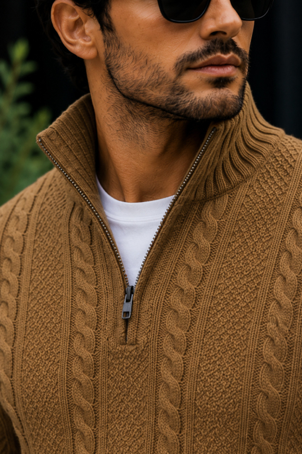 Image of FASHLOOK Self Design Collared Neck Casual Men Beige Sweater