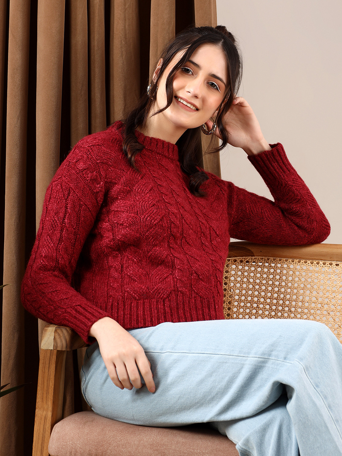 Image of KOTTY Self Design High Neck Casual Women Red Sweater