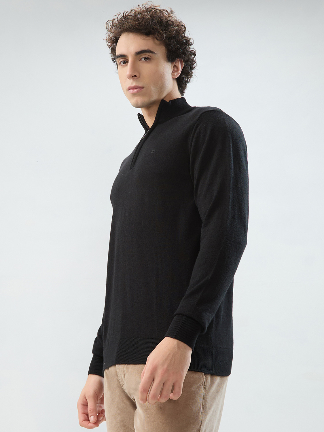 Image of Raymond Solid Collared Neck Casual Men Black Sweater